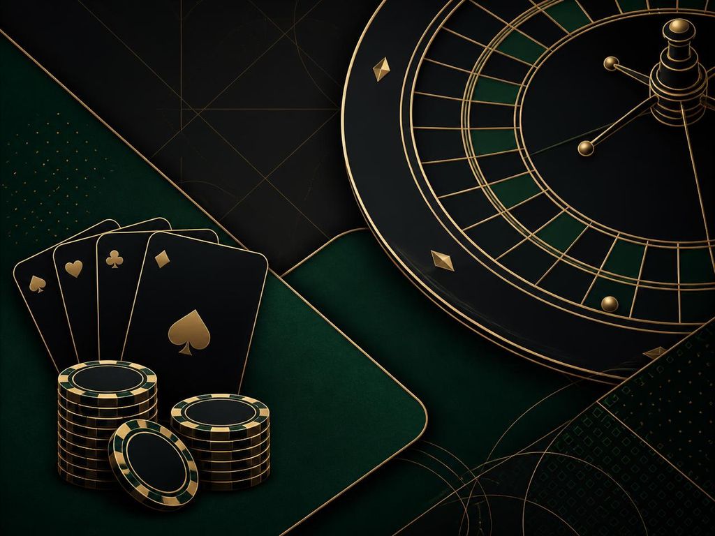 Ilustración editorial de ruleta, fichas y cartas en tonos negro, verde mesa y dorado